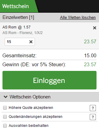 Betway Wettschein - Einzelwette