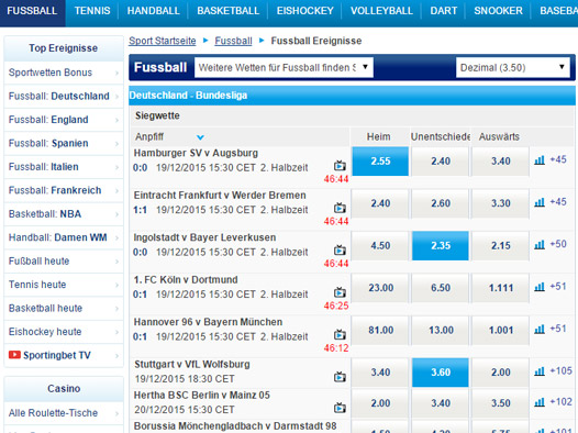 Wettquoten-Auswahl bei Sportingbet